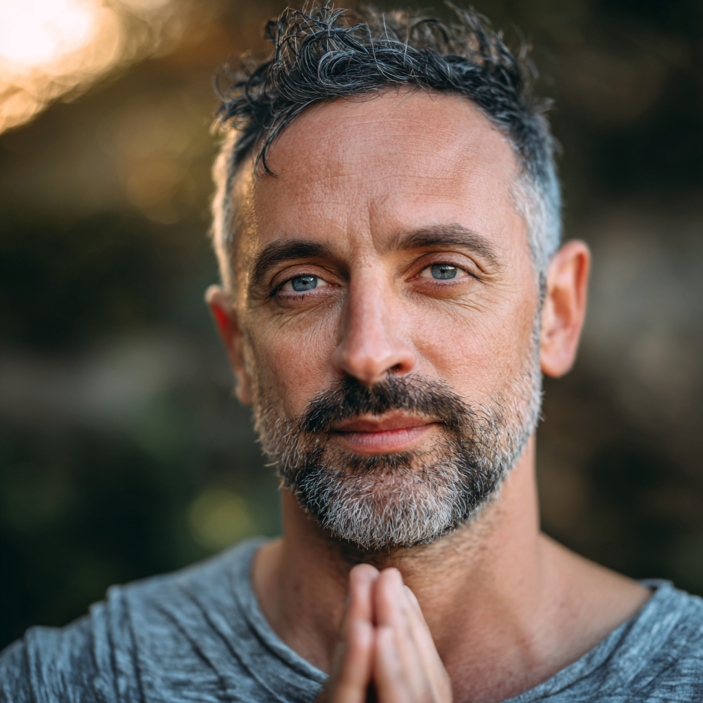 Confident man in yoga pose showing strength and flexibility, European appearance, age 28-38, expressing joy and vitality