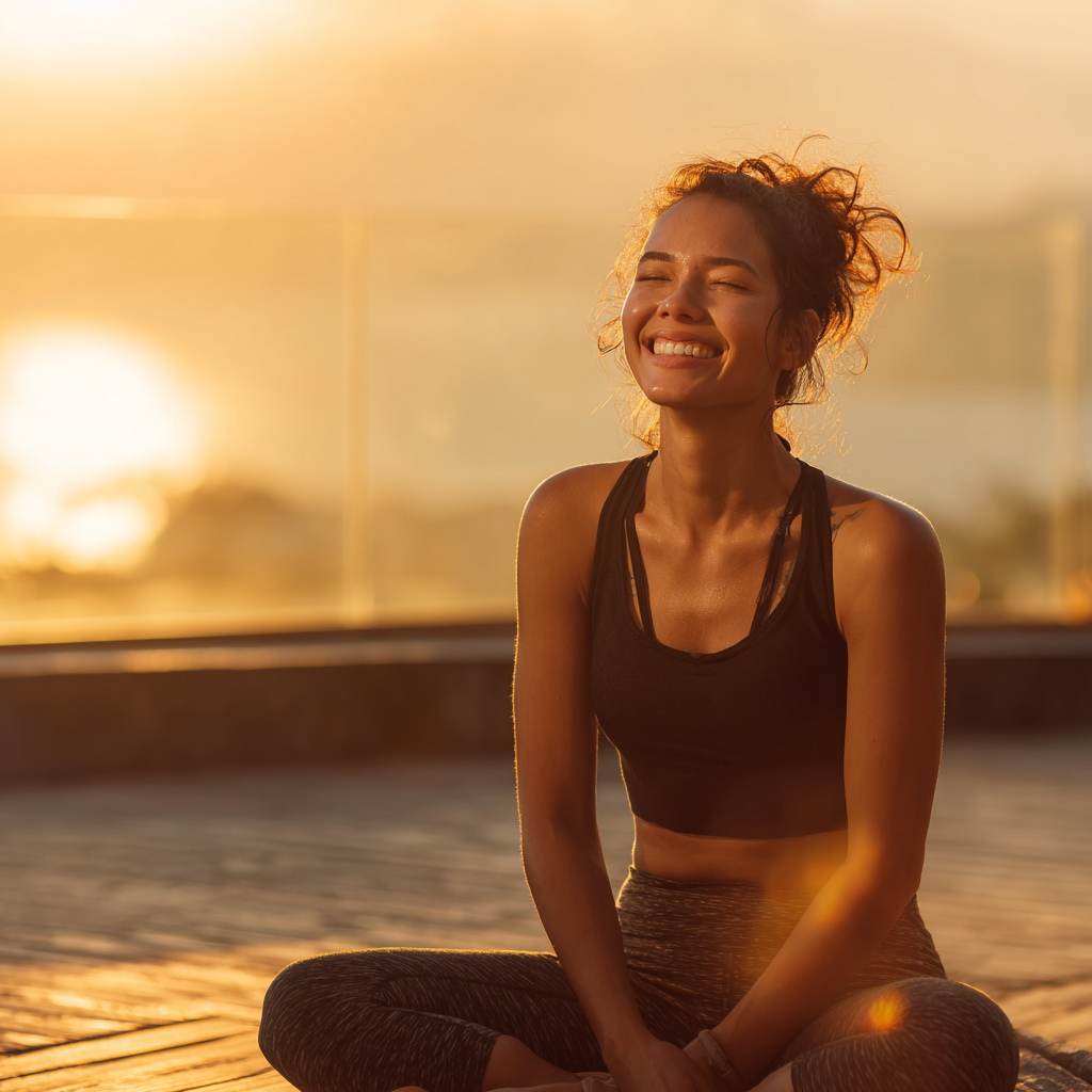Happy woman in peaceful meditation, European appearance, age 35-45, radiating inner peace and contentment