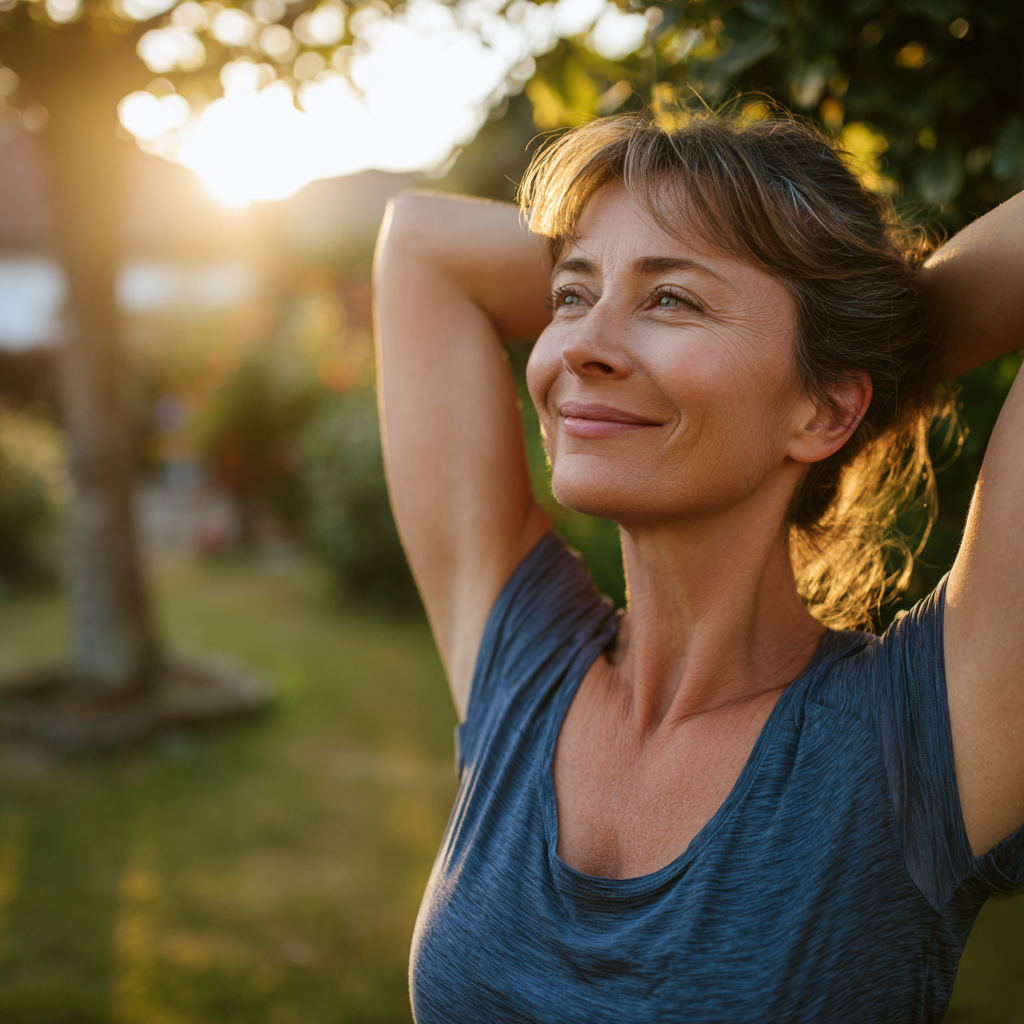 Peaceful woman in meditation pose with gentle smile, sitting in lotus position in natural lighting, European appearance, age 30-40